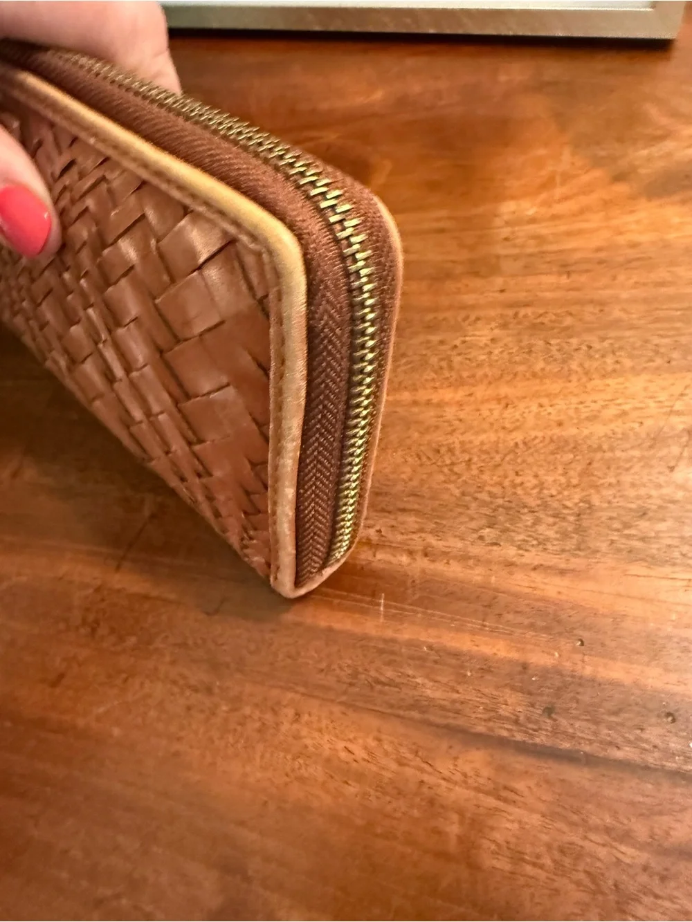 Cole Haan British Tan Hand Woven Genevieve Leather Zip Continental Wallet